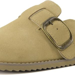 CUSHIONAIRE Women's Blain Genuine Suede Slip-On Clogs with + Memory Foam & Chic Buckle Mule - Comfortable, Non-Slip, Wide Widths Available