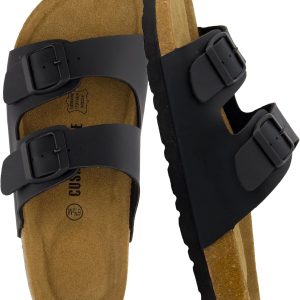 CUSHIONAIRE Lane Cork Footbed Sandals for Women – Comfortable Double Buckle Slip-On with Genuine Suede Footbed & Arch Support Slides for Women Footwear