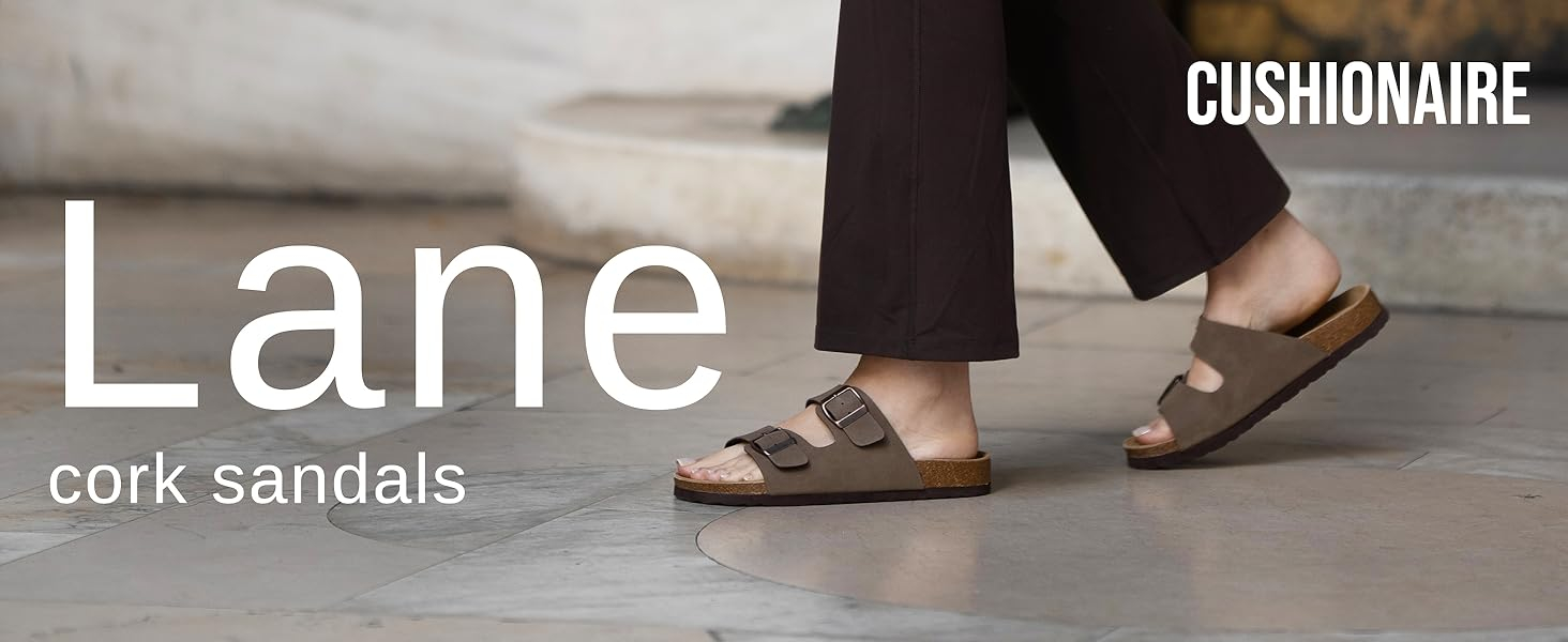 Image of woman wearing cushionaire lane cork sandals with text reading cushionaire.