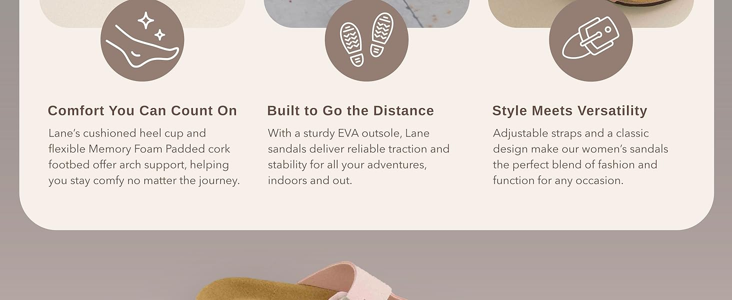 Image of an icon of food, footprints and buckle with text reading comfort you can cant on.