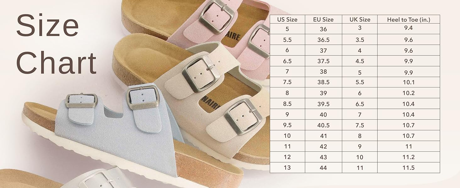 Image of two pairs of cork sandals with comparison size chart with text reading size chart.