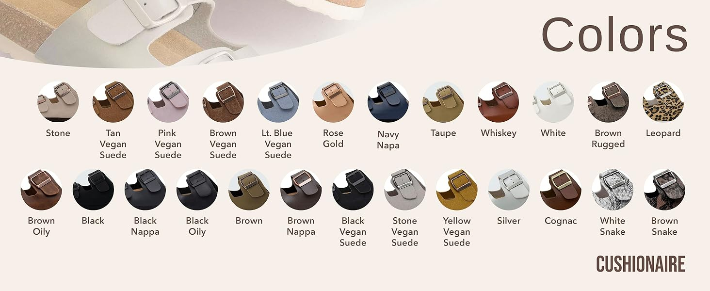 Image of all the colors available for the lane cork sandals with text reading colors.